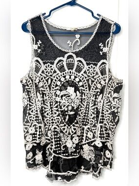 Capri Womens Large Black Ivory Embroidered Mesh Lace Tunic Top Boho Sheer